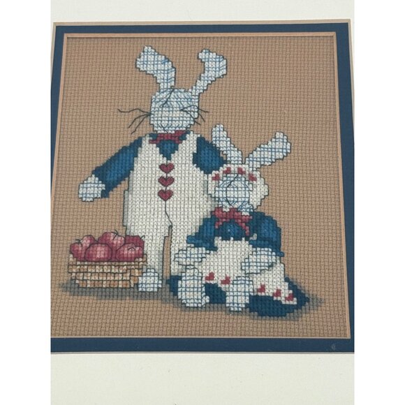 Handmade Framed Cross Stitch Art With Two Rabbits & Basket - Picture 2 of 3